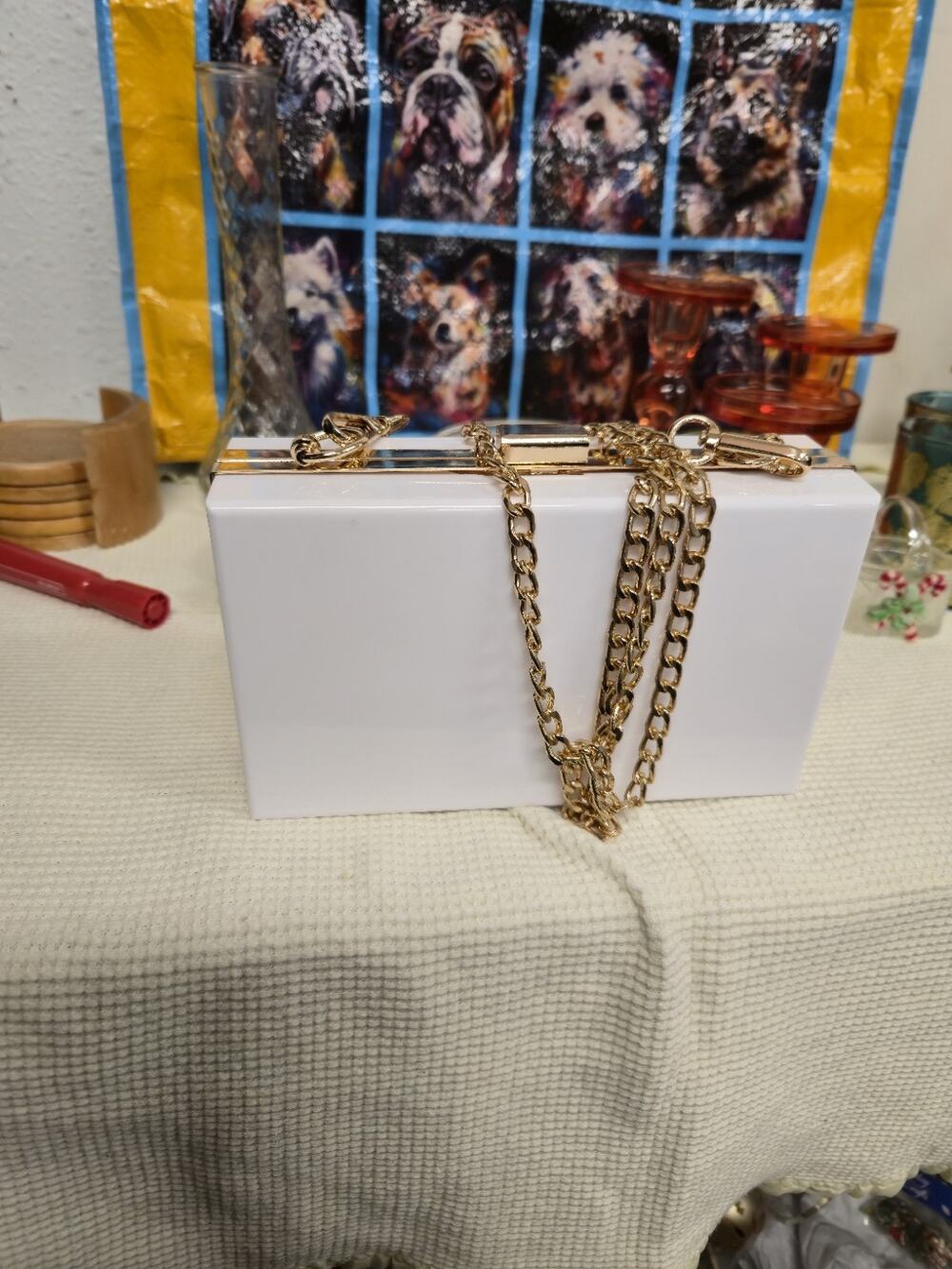 White Acrylic Box Clutch Purse Gold Tone Chain Clear Top Evening Bag